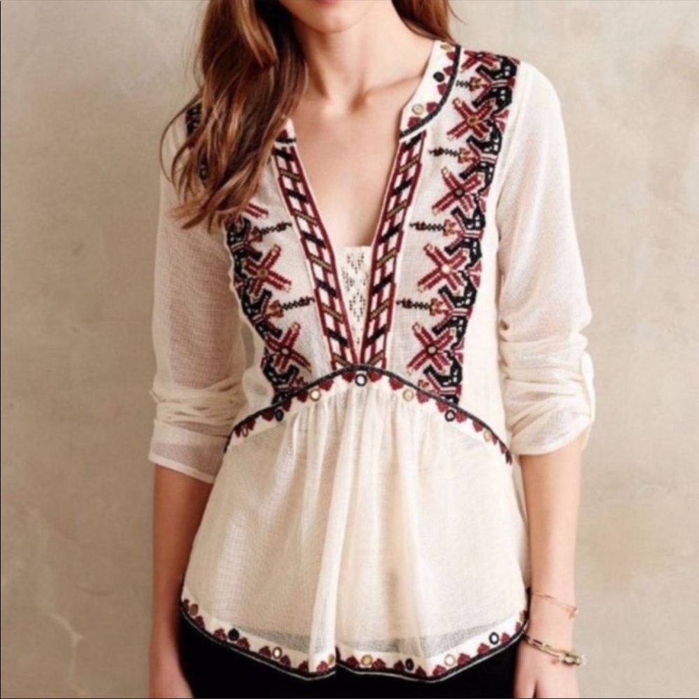 Anthropologie Akemi + Kin Embroidered Mesh Cotton Top